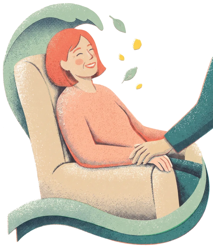 Une patiente détendue dans un fauteuil, au milieu des plantes.