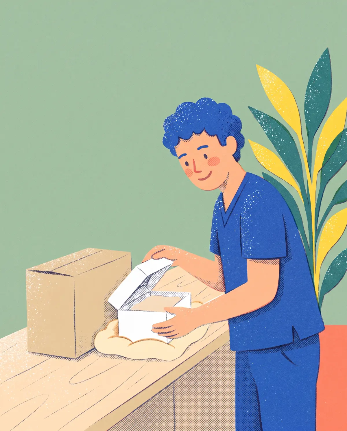 Une assistante ouvre un colis arrivé du laboratoire.