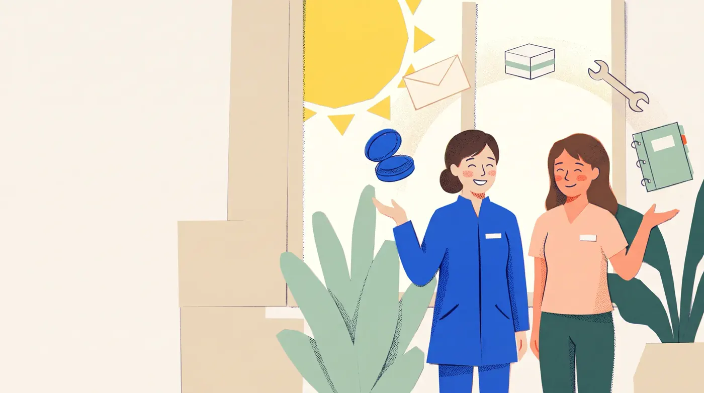 Deux membres de l’équipe, en tenue bleue et pêche, sourient sous un grand soleil ; autour d’eux volent une enveloppe, un carnet et une clé.