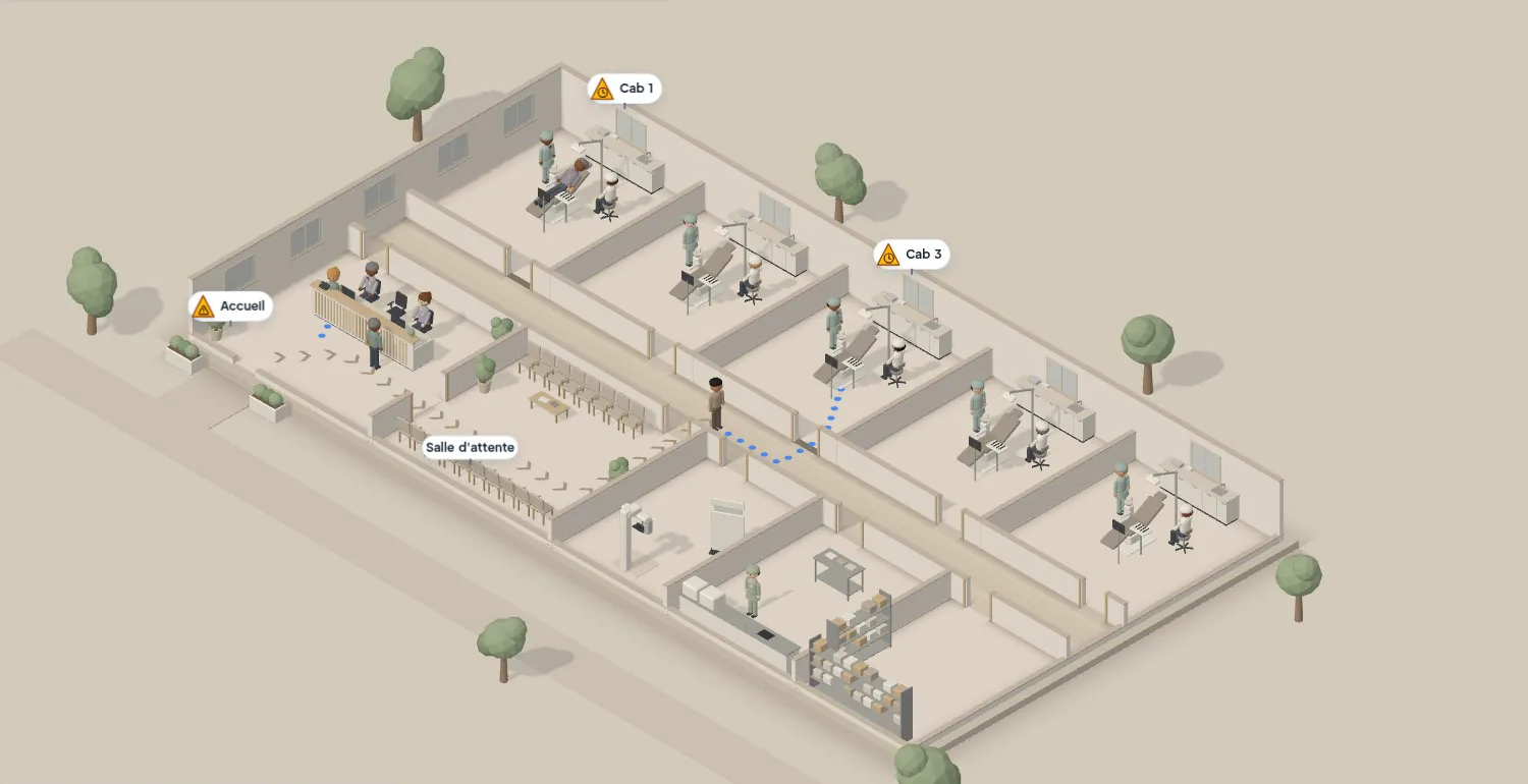 Le Sqhelm Twin : le centre dessiné en 3D, salle par salle, avec les patients à leur place.